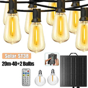 7m/10m/15m/20m LED Solar Lights String Outdoor Light Waterproof ST38 Warm Light Bulb Patio Fairy Lights for Outside Garden Wedding Party Decor