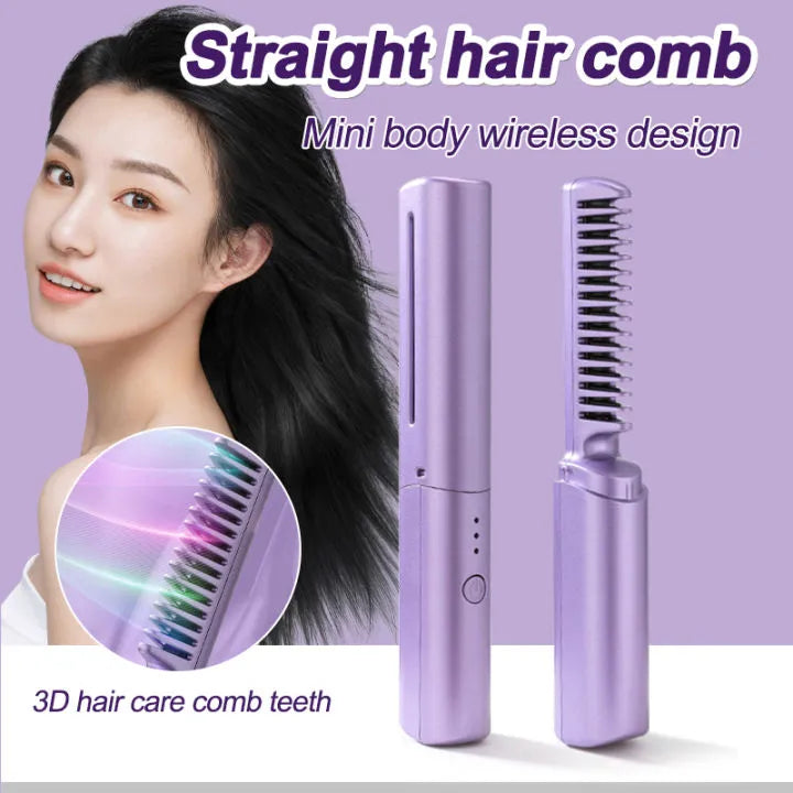 2 in1 Portable Straight hair comb Wireless Hair Straightener Comb Negative Ion Hair Fast Heating Wireless Hot Curler USB Hair Iron Anti Scald Ionic Hair Brush Hair Comb