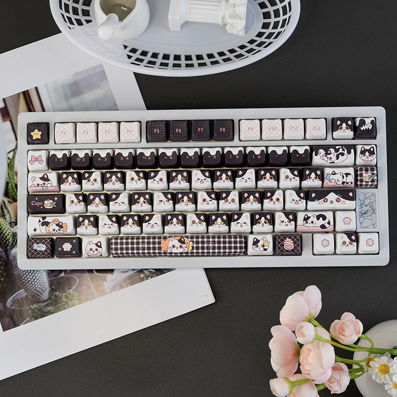 Cute Cow-cat Head Black Kawaii 5-sided Sublimated PBT Keycaps Compatible With 68758799108 Magnetic Switches