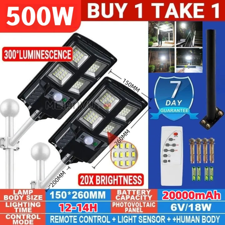 BUY 1 TAKE 1】Solar Street Light 3000W Solar Light Outdoor Waterproof IP67 2000W 1000W Solar Lamp 2835LED Garden Light Automatically Night Light Flood Light Intelligent Sense With Remote Christmas Lights