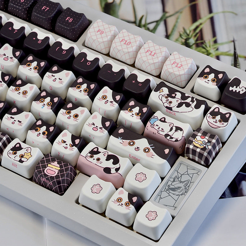 Cute Cow-cat Head Black Kawaii 5-sided Sublimated PBT Keycaps Compatible With 68758799108 Magnetic Switches