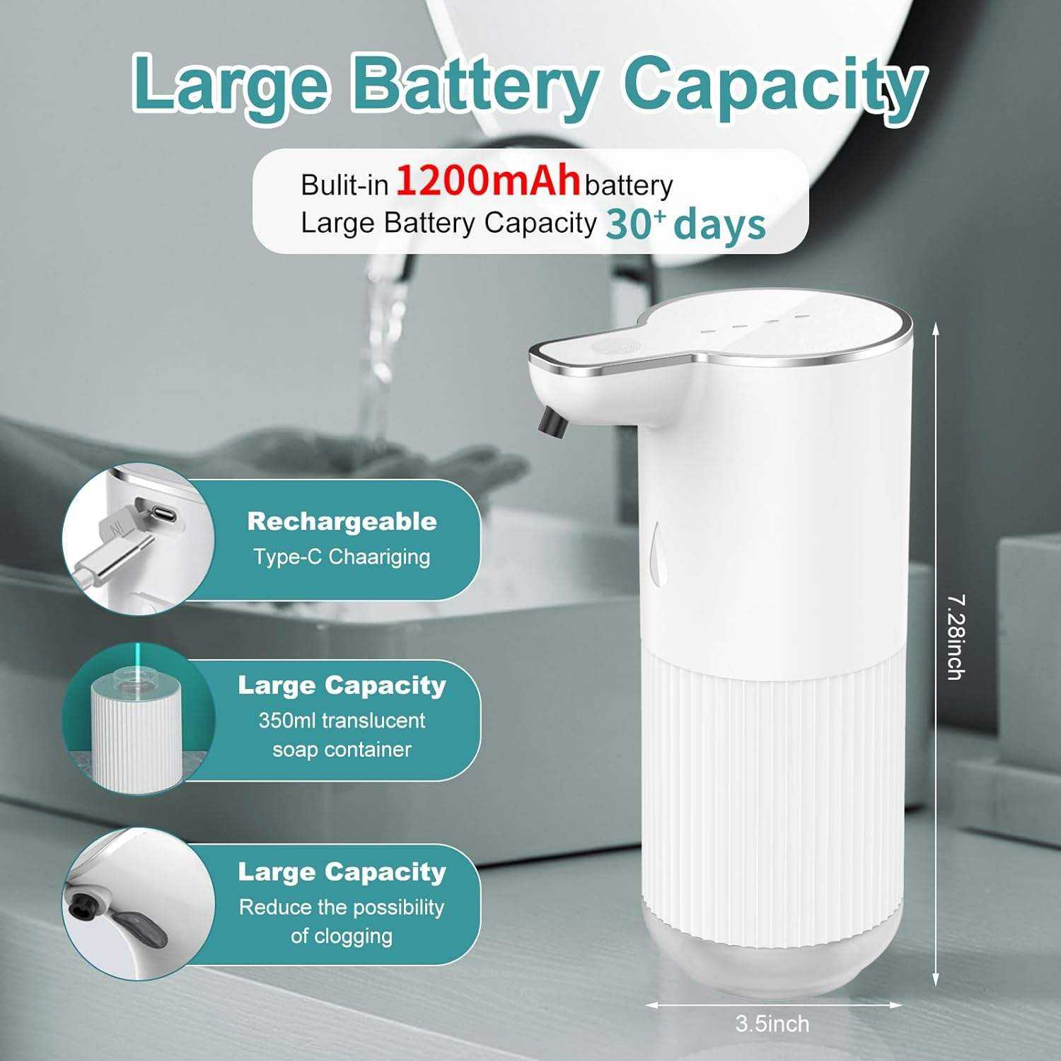 Modern Style Wall Mounted USB Rechargeable Lcd Digital Display Automatic Touchless Sensor Foam Soap Dispenser