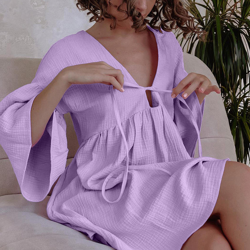 Factory Custom Solid Natural Day 100% Cotton A-Line Casual Dresses Tie One Piece Long Sleeve V-Neck Knee-Length Double Layer ODM