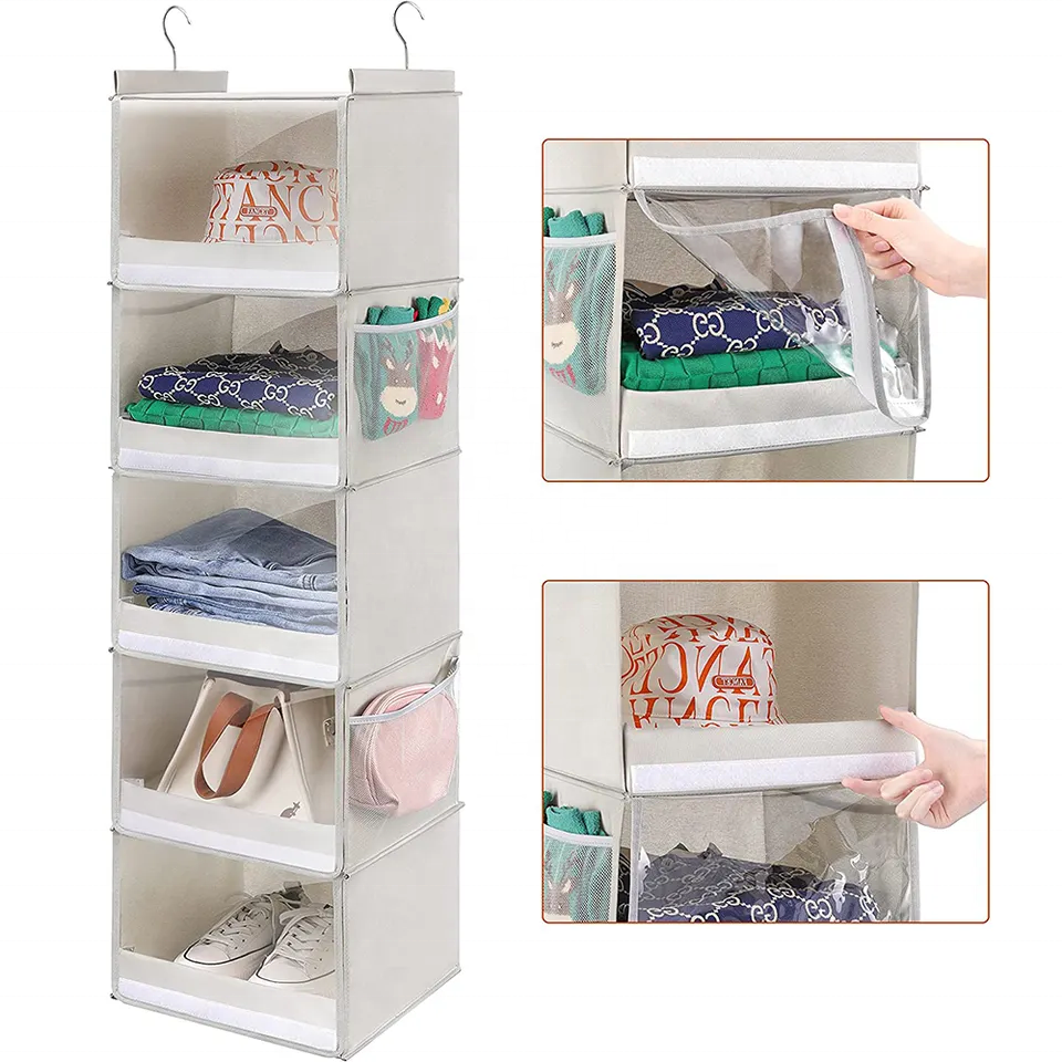 6-Pack Hanging Closet Organizers with Carrying Handles Dust Cover and Fabric Storage Boxes Mesh Room Space Divider Set