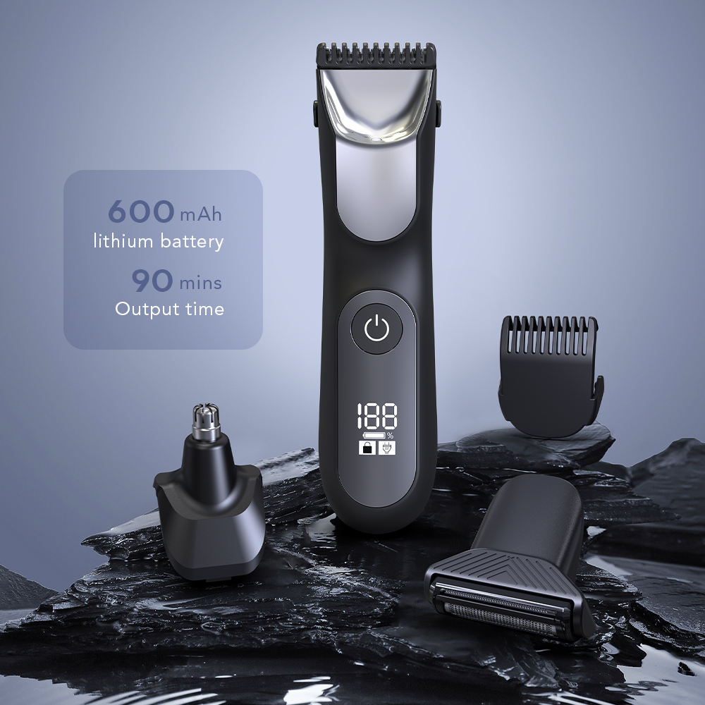 Men's IPX7 Waterproof Ceramic Electric Body Trimmer Set with LED Lighting Stainless Steel Hair and Nose Trimmer Shaver