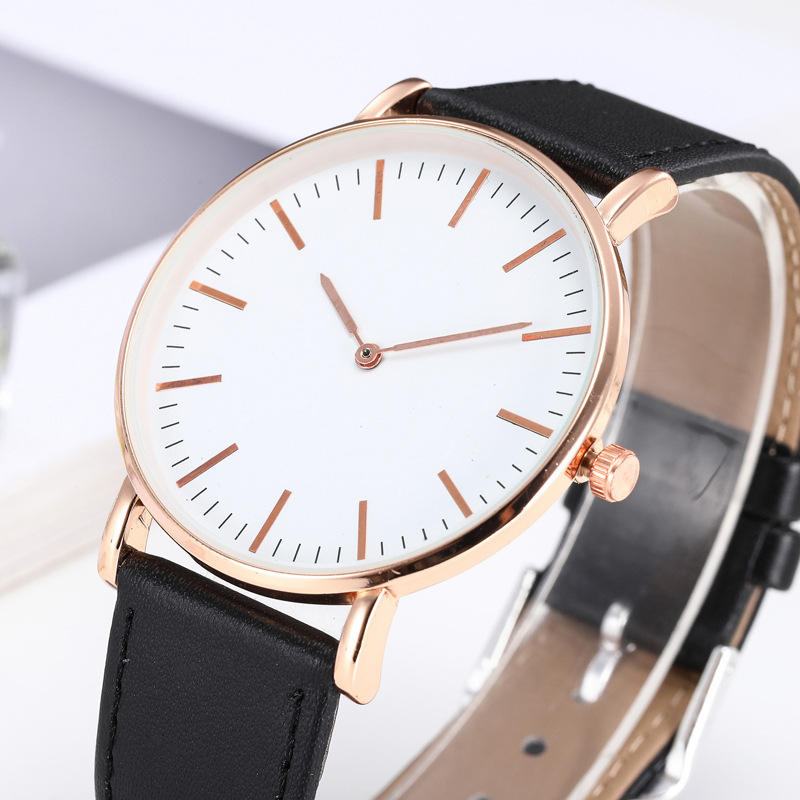 Minimalist Rose Gold Quartz Watch Ultra-Thin Dial Black Leather Strap Unisex Fashion Casual Timepiece