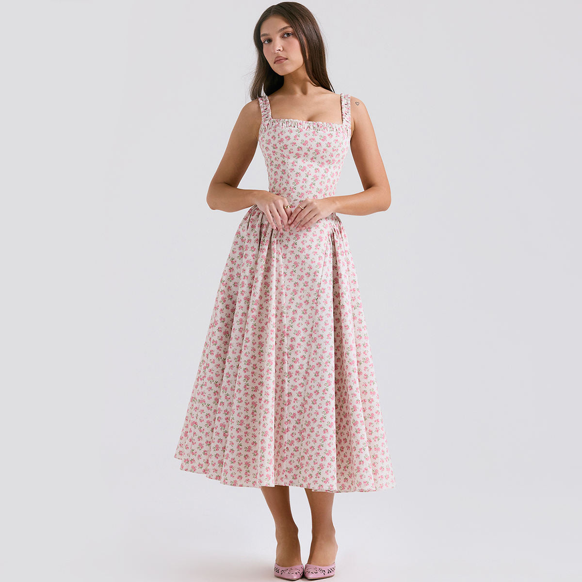 Sexy Daily Digital Printing Woven Floral A-Line off Shoulder Midi Dress Natural Waistline Elegant