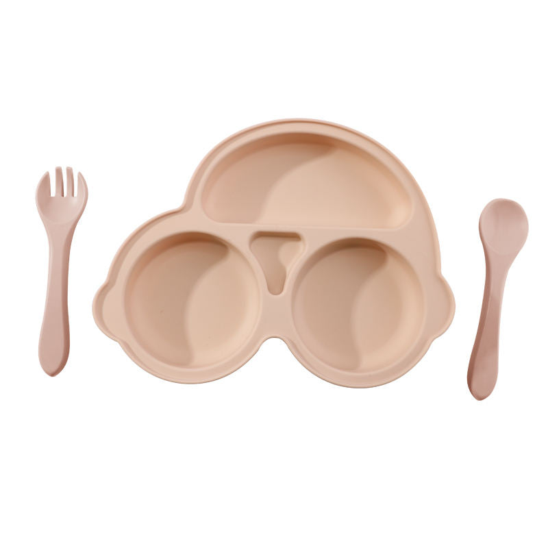 Top Selling BPA Free Silicone Portable Car-Shaped Baby Feeding Set with Plate Spoon Fork for Kids