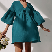 Factory Custom Solid Natural Day 100% Cotton A-Line Casual Dresses Tie One Piece Long Sleeve V-Neck Knee-Length Double Layer ODM
