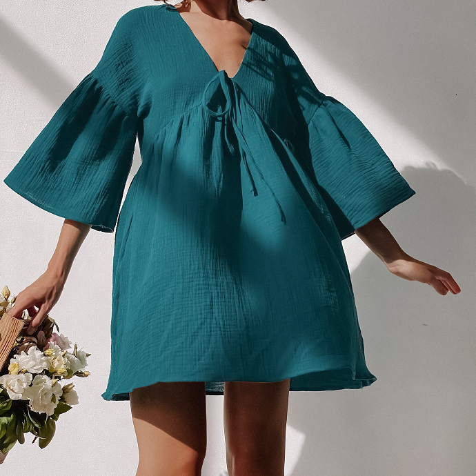 Factory Custom Solid Natural Day 100% Cotton A-Line Casual Dresses Tie One Piece Long Sleeve V-Neck Knee-Length Double Layer ODM