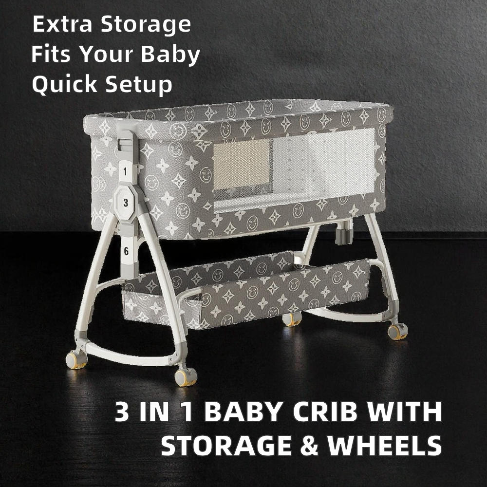 Baby Crib 3-in-1 Bedside Sleeper & Bassinet with Wheels Metal Frame Bedroom Use Storage Basket Mattress Easy Assembly