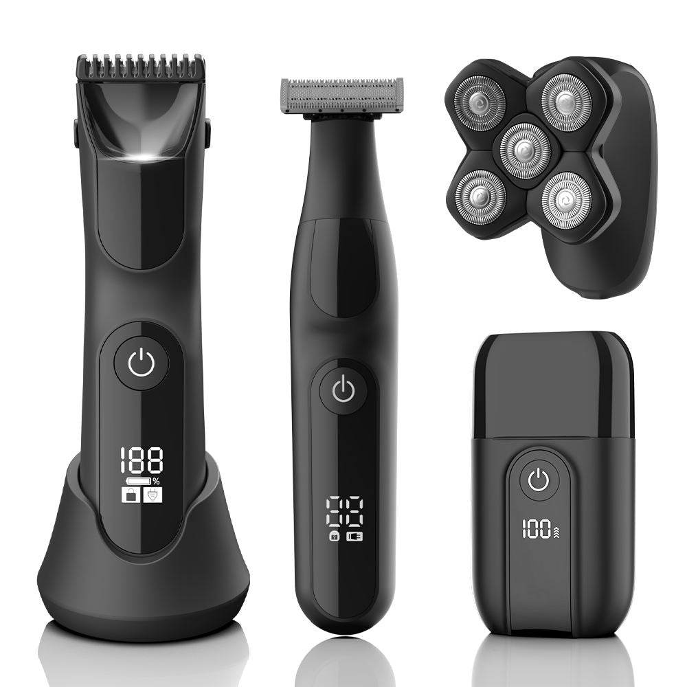 Men's IPX7 Waterproof Ceramic Electric Body Trimmer Set with LED Lighting Stainless Steel Hair and Nose Trimmer Shaver