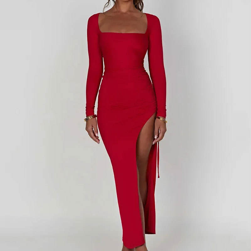New Elegant Long Sleeve Square Collar Party Dress Pleated Drawstring High Split Bodycon Sexy Evening Gown Dress