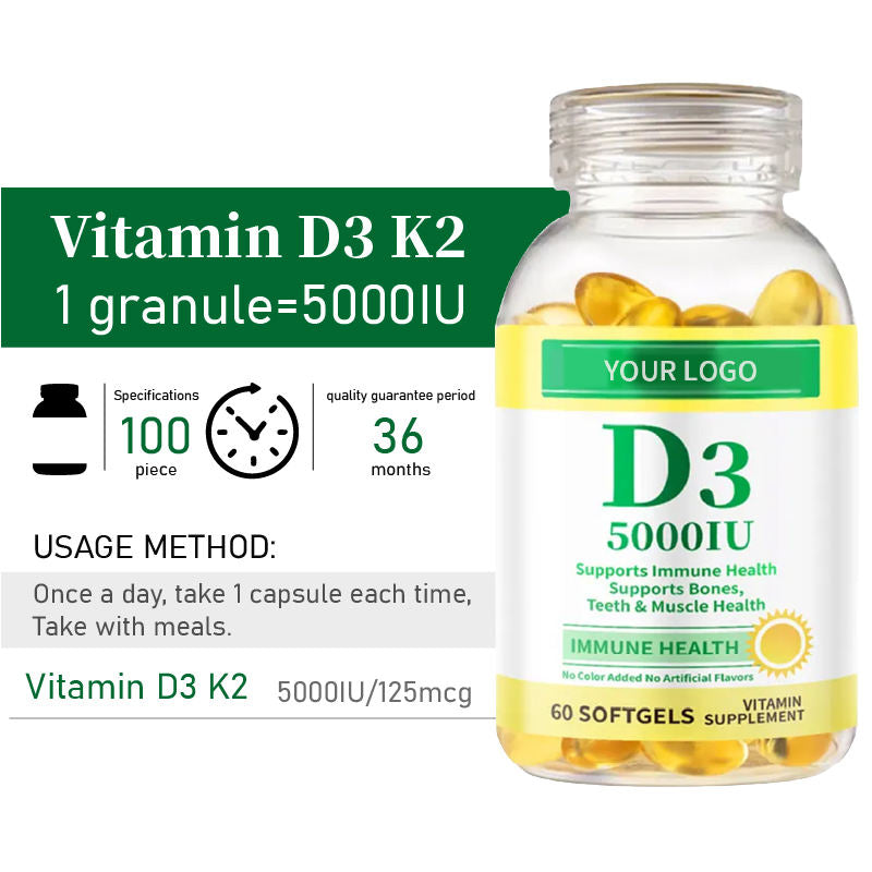 Softgel Vitamins and Supplements for Teeth and Bone Health 5000iu Vitamin D3 K2 Capsules with Natural Ingredients