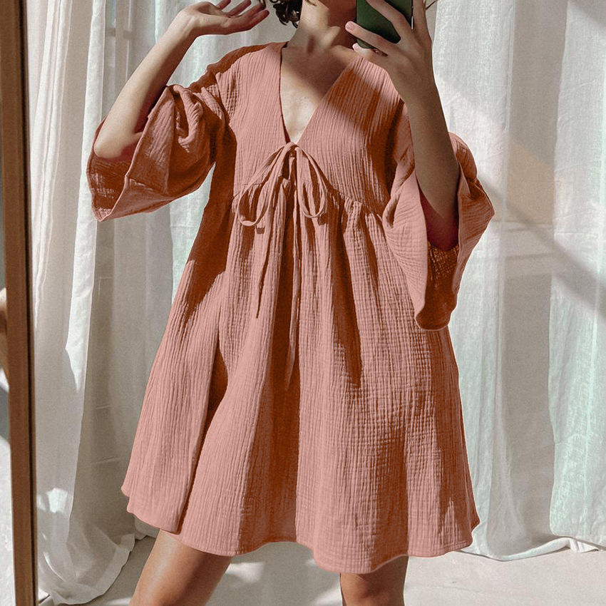 Factory Custom Solid Natural Day 100% Cotton A-Line Casual Dresses Tie One Piece Long Sleeve V-Neck Knee-Length Double Layer ODM