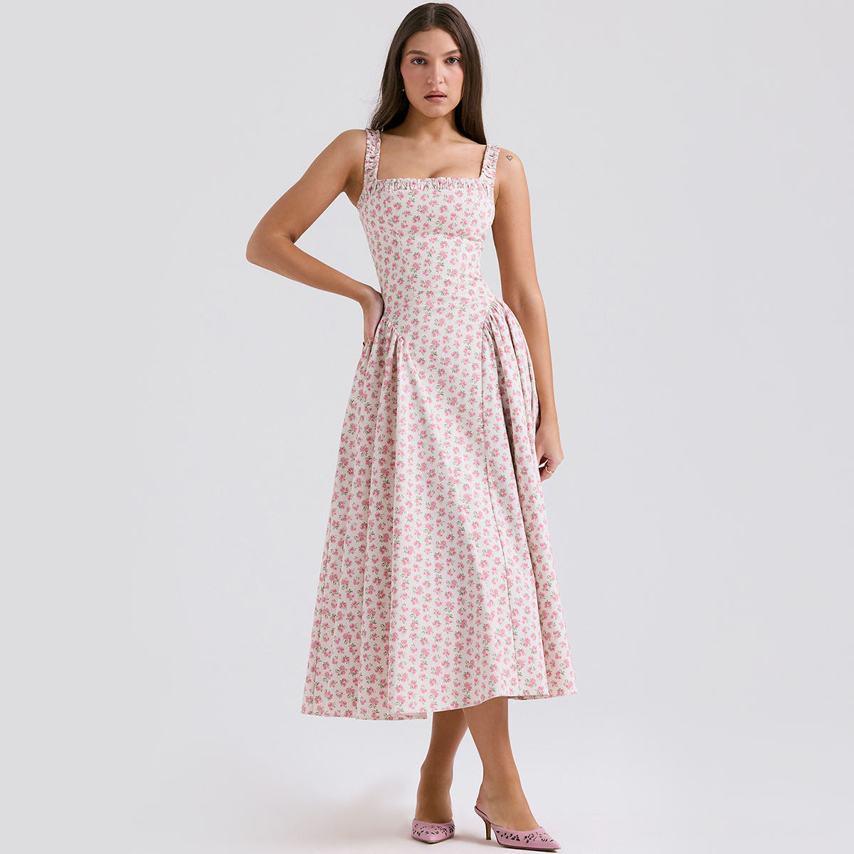 Sexy Daily Digital Printing Woven Floral A-Line off Shoulder Midi Dress Natural Waistline Elegant