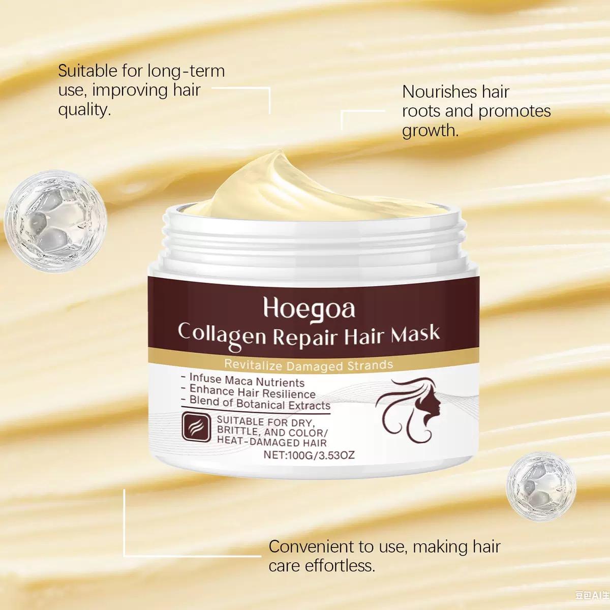 Hoegoa Organic Collagen Repair Hair Mask 100 g Hair-Restoring Cream That Nourishes Moisturizes Softens Smooths Shines Volumizes Hair