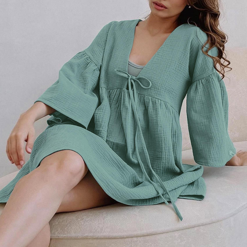 Factory Custom Solid Natural Day 100% Cotton A-Line Casual Dresses Tie One Piece Long Sleeve V-Neck Knee-Length Double Layer ODM