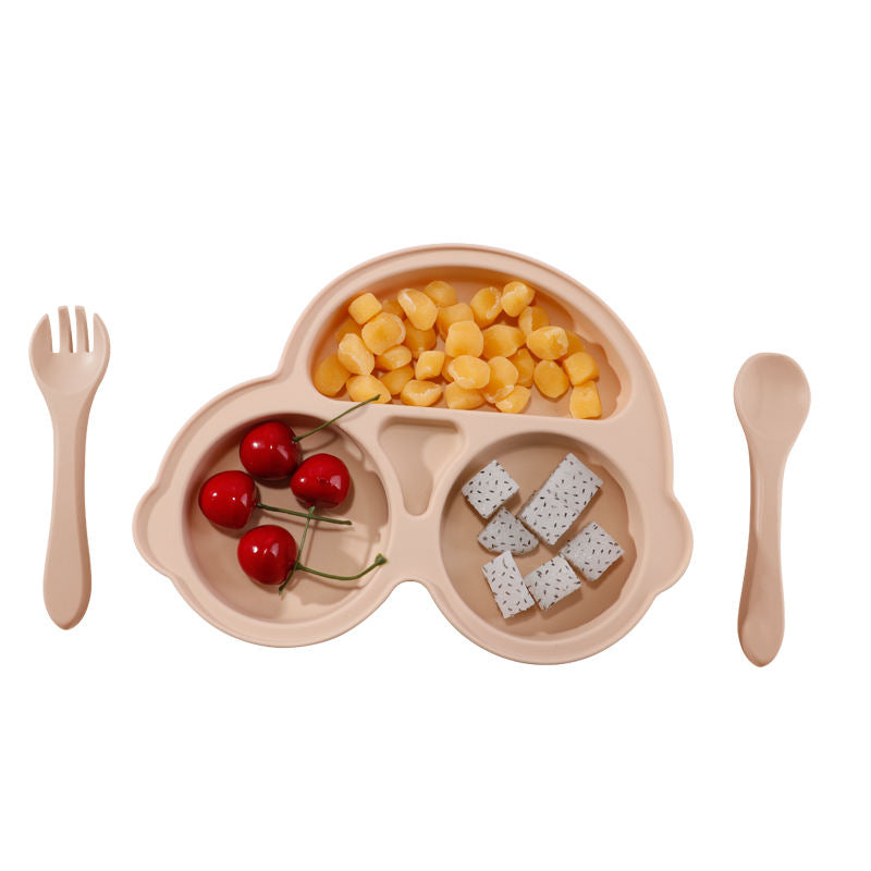 Top Selling BPA Free Silicone Portable Car-Shaped Baby Feeding Set with Plate Spoon Fork for Kids