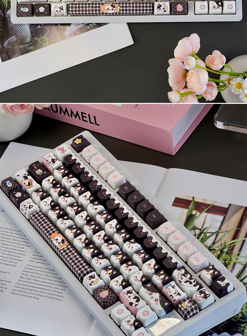 Cute Cow-cat Head Black Kawaii 5-sided Sublimated PBT Keycaps Compatible With 68758799108 Magnetic Switches