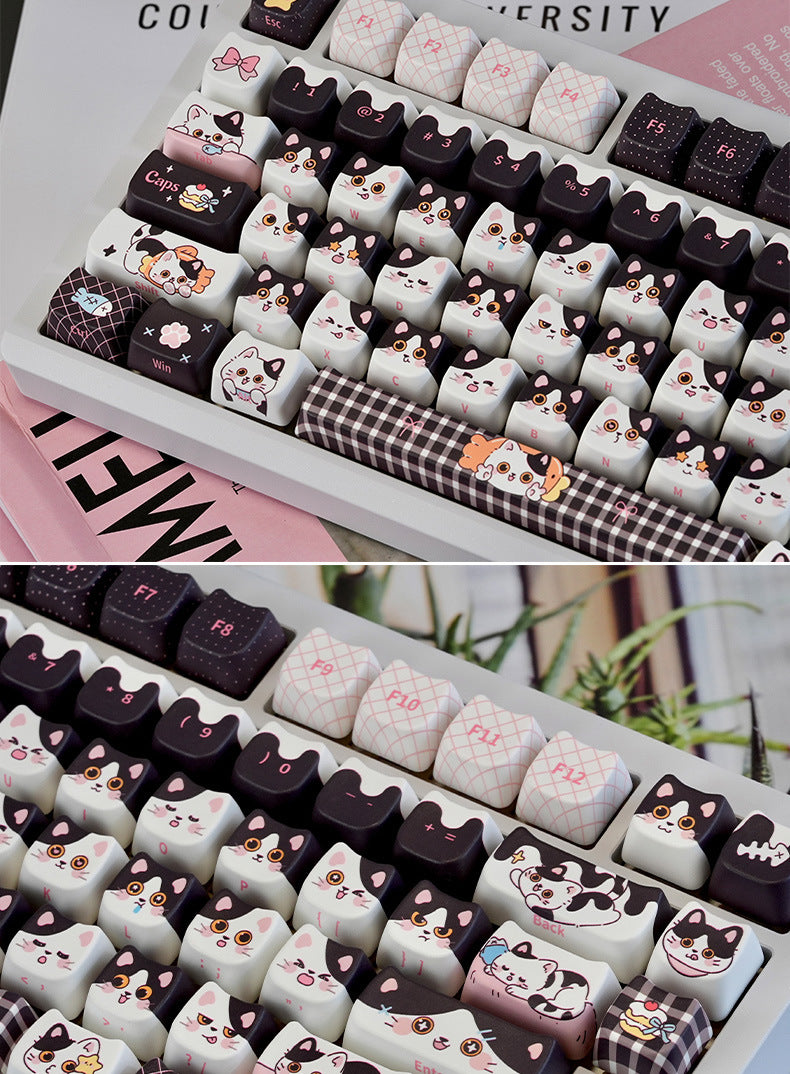 Cute Cow-cat Head Black Kawaii 5-sided Sublimated PBT Keycaps Compatible With 68758799108 Magnetic Switches